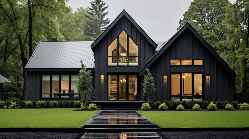 A brand new, white contemporary farmhouse with a dark shingled roof and black windows is seen in OAK PARK, IL, USA, on August 17, 2020. A rock siding lines the left side of the home.