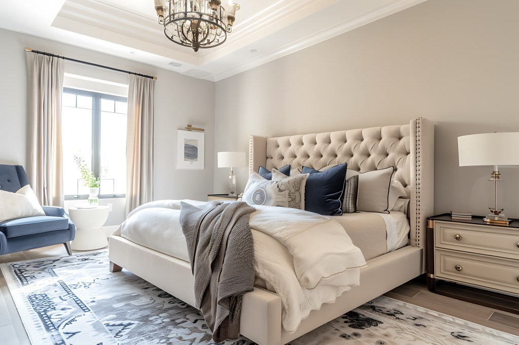 A luxurious master bedroom with a sophisticated bed, high-end finishes, and a serene color palette for a calming effect. Stunning, crisp, vivid, detailed, high-contrast, colorful, well-lit, sharp, realistic, and visually appealing